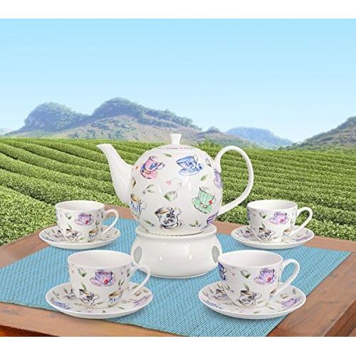  Buchensee Kaffeeservice aus Fine Bone China Porzellan. Tee- / Kaffeekanne 1,5l mit stilvollem Tassendekor, 4 Kaffeetassen, 4 Unterteller und Stoevchen.