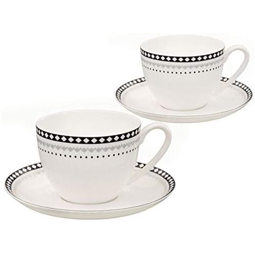  Buchensee Kaffeeservice aus Fine Bone China Porzellan. Tee- / Kaffeekanne 1,5l mit stilvollem Rautendekor, 2 Kaffeetassen, 2 Unterteller und Stoevchen.