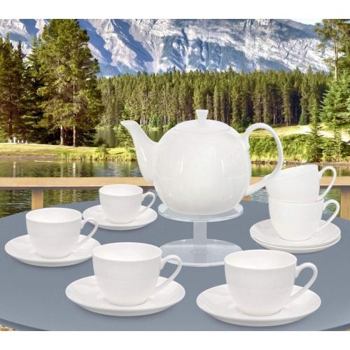  Buchensee Kaffeeservice aus Fine Bone China Porzellan. Tee- / Kaffeekanne in fein-cremigem Weiss mit 1,5l Fuellvolumen, 6 Kaffeetassen und 6 Unterteller.