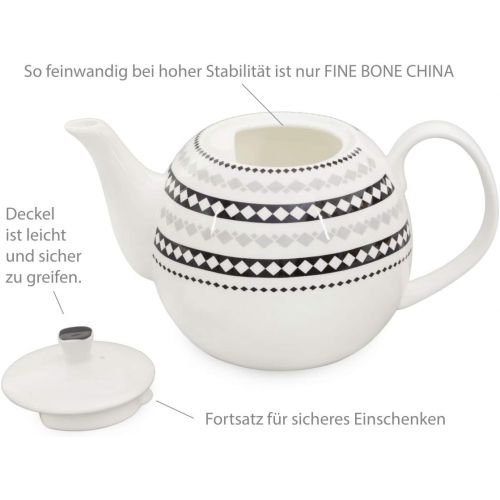  Buchensee Kaffeeservice aus Fine Bone China Porzellan. Tee- / Kaffeekanne 1,5l mit stilvollem Rautendekor, 6 Kaffeetassen und 6 Unterteller.