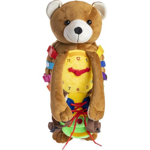  Buckle Toys Buckle Toy - Billy Bear - Toddler Plush Activity Backpack - Fine Motor & Basic Life Skills Travel Toy