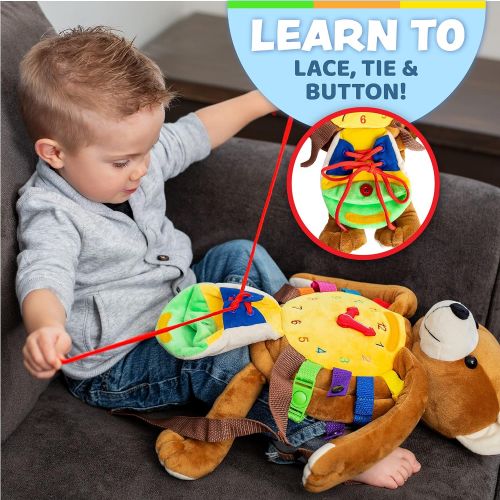  Buckle Toys Buckle Toy - Billy Bear - Toddler Plush Activity Backpack - Fine Motor & Basic Life Skills Travel Toy