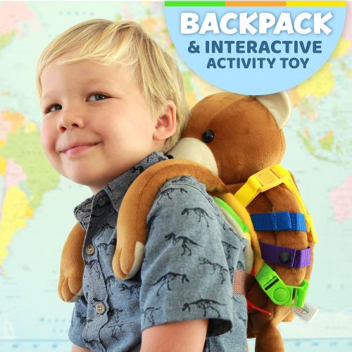  Buckle Toys Buckle Toy - Billy Bear - Toddler Plush Activity Backpack - Fine Motor & Basic Life Skills Travel Toy