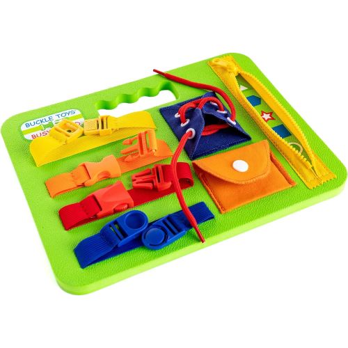  Buckle Toys Busy Board - Learning Activity Toy - Develop Motor Skills and Problem Solving - Learn to Tie Shoes - Easy Travel Toy