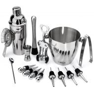 Buddy 16-Piece Wine and Cocktail Mixing Bar SetBartender Kit w/Essential Barware Tools-Large 25 oz. Stainless Steel Shaker, Ice Bucket, Muddler, Double Sided Jigger - Free 1000 Co