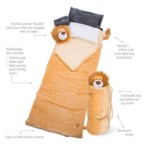  BuddyBagz Lion Brave Buddy, Super Fun & Unique Sleeping Bag/Overnight & Travel Kit for Kids, All in 1 Traveling-Made-Easy Solution Complete with Stuffed Animal, Pillow, Sleeping Ba