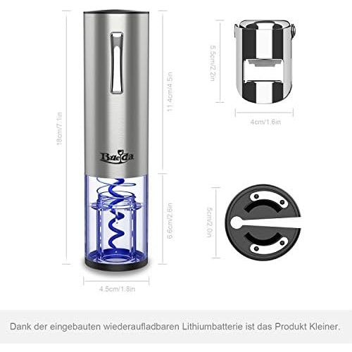  Bueda Korkenzieher Elektrisch, Flaschenoeffner Automatisch, Weinoeffner Screwpull Elektrischer fuer Wein, Edelstahl, Akku Lithium, ohne Kraft inkl, mit Folienschneider und Edelstahlst