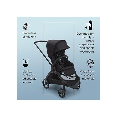  Bugaboo Dragonfly City Stroller, Lightweight Compact Baby Stroller with One Hand Easy Fold in Any Position, Full Suspension, XL Underseat Basket, Black Chassis and Midnight Black Sun Canopy