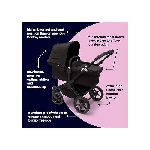  Bugaboo Donkey 5 Mono Complete - Single Stroller Converts to Side-by-Side Double Stroller, Multiple Seat Positions - Black/Midnight Black-Midnight Black