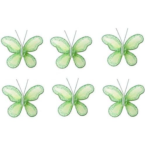  Bugs-n-Blooms Butterfly Decor 2 Green Mini X-Small Glitter Nylon Mesh Butterflies 6 Piece Decorations Set Decorate Baby Nursery Bedroom Girls Room Wall Wedding Birthday Party Shower Crafts Scrap