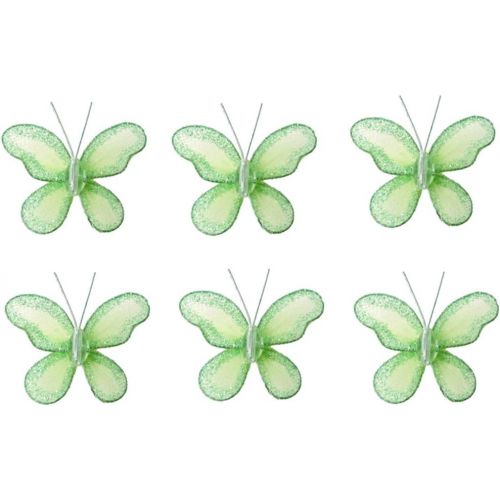  Bugs-n-Blooms Butterfly Decor 2 Green Mini X-Small Glitter Nylon Mesh Butterflies 6 Piece Decorations Set Decorate Baby Nursery Bedroom Girls Room Wall Wedding Birthday Party Shower Crafts Scrap