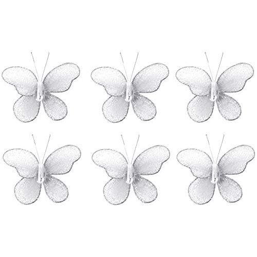  Bugs-n-Blooms Butterfly Decor 2 White Mini X-Small Glitter Nylon Mesh Butterflies 6 Piece Decorations Set Decorate Baby Nursery Bedroom Girls Room Wall Wedding Birthday Party Shower Crafts Scrap