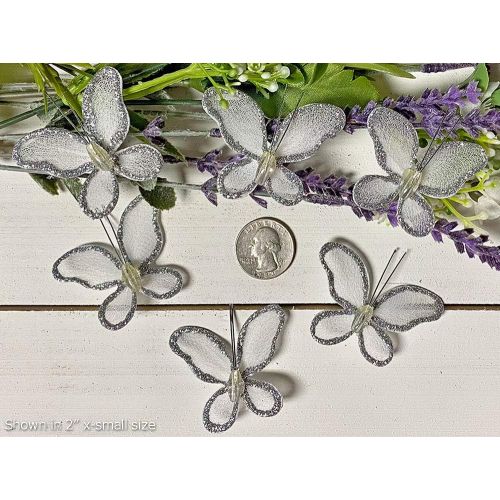  Bugs-n-Blooms Butterfly Decor 2 White Mini X-Small Glitter Nylon Mesh Butterflies 6 Piece Decorations Set Decorate Baby Nursery Bedroom Girls Room Wall Wedding Birthday Party Shower Crafts Scrap