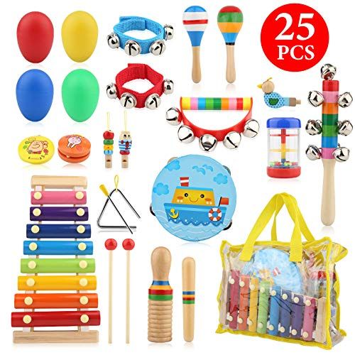  [아마존베스트]Bukm Kids Musical Instruments, Musical Toys for Toddlers, 25 Pcs Wooden Musical Percussion Instruments, Preschool Educational Learning Tambourine Xylophone Toys for Toddlers Kids C