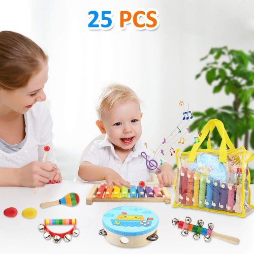  [아마존베스트]Bukm Kids Musical Instruments, Musical Toys for Toddlers, 25 Pcs Wooden Musical Percussion Instruments, Preschool Educational Learning Tambourine Xylophone Toys for Toddlers Kids C