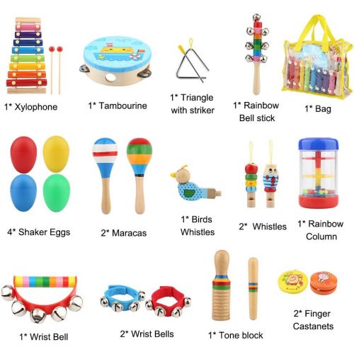  [아마존베스트]Bukm Kids Musical Instruments, Musical Toys for Toddlers, 25 Pcs Wooden Musical Percussion Instruments, Preschool Educational Learning Tambourine Xylophone Toys for Toddlers Kids C