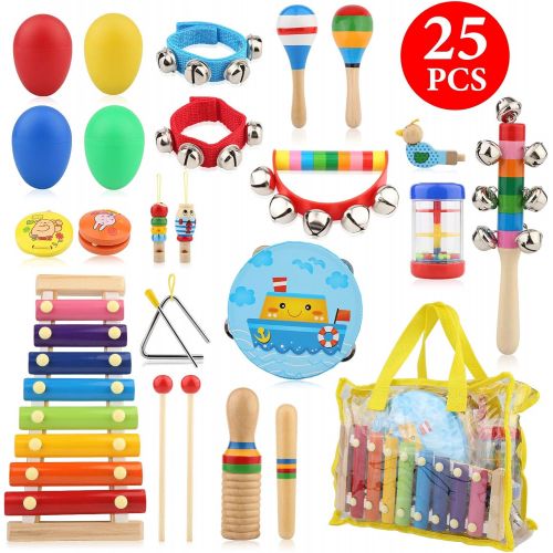  [아마존베스트]Bukm Kids Musical Instruments, Musical Toys for Toddlers, 25 Pcs Wooden Musical Percussion Instruments, Preschool Educational Learning Tambourine Xylophone Toys for Toddlers Kids C