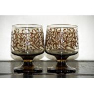 /BukuVintage Libbey Prado, Footed Glass, Goblet, Set of 2, Smoky Brown, Scroll Pattern, 1970s, Drinkware, Barware, Kitchen, Dinnerware, 70s Retro Style