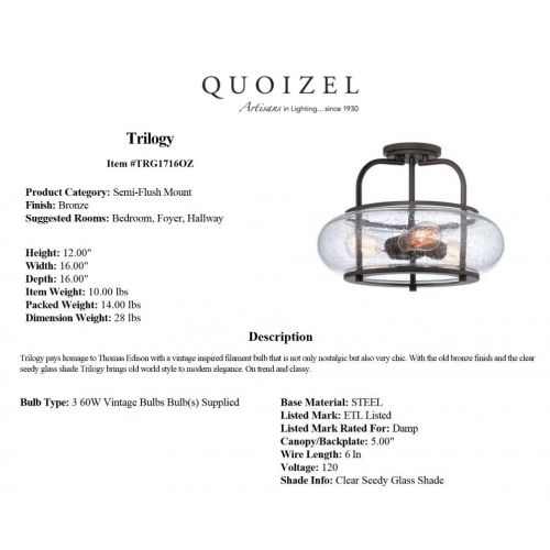  Bulb Quoizel TRG1716OZ Trilogy Glass Lantern Semi Flush Mount Ceiling Lighting, 3-Light, 300 Watts, Old Bronze (12H x 16W)