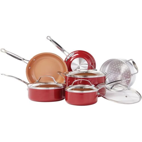  BulbHead Red Copper 10 PC Copper-Infused Ceramic Non-Stick Cookware Set