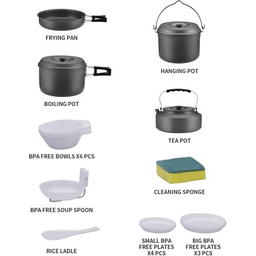  Bulin 27/13/11/8/3 PCS Camping Cookware Mess Kit, Nonstick Lightweight Backpacking Cooking Set, Outdoor Cook Gear for Family Hiking, Picnic(Kettle, Pot, Frying Pan, BPA-Free Bowls,