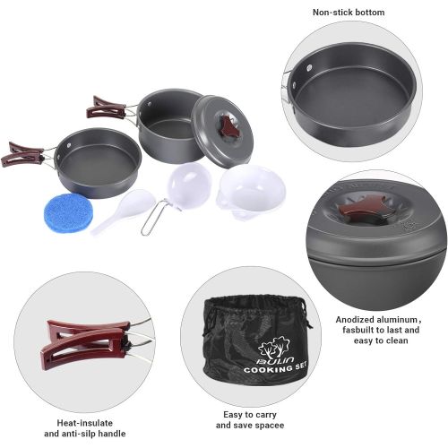  Bulin Camping Cookware Mess Kit, Backpack Portable Campfire Cooking Pots Pans Kettle Set, Lightweight Durable Cook Gear for Open Fire Hiking, Outdoor (BPA Free Bowls, Plates), 7 PC