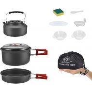 Bulin Camping Cookware Mess Kit, Backpack Portable Campfire Cooking Pots Pans Kettle Set, Lightweight Durable Cook Gear for Open Fire Hiking, Outdoor (BPA Free Bowls, Plates), 9 PC