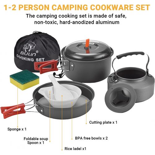  Bulin Camping Cookware Mess Kit, Backpack Portable Campfire Cooking Pots Pans Kettle Set, Lightweight Durable Cook Gear for Open Fire Hiking, Outdoor (BPA Free Bowls, Plates), 9 PC