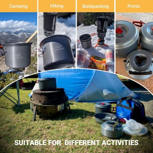  Bulin Camping Cookware Mess Kit, Backpack Portable Campfire Cooking Pots Pans Kettle Set, Lightweight Durable Cook Gear for Open Fire Hiking, Outdoor (BPA Free Bowls, Plates), 9 PC