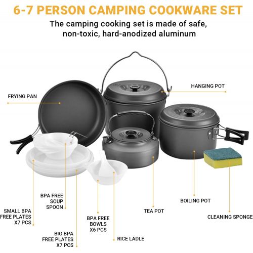  Bulin 13Pcs Camping Cookware Mess Kit, Nonstick Backpacking Cooking Set, Outdoor Cook Gear for Family Hiking, Picnic Lightweight Cookware Sets(Kettle, Pots, Frying Pan, BPA-Free Bo
