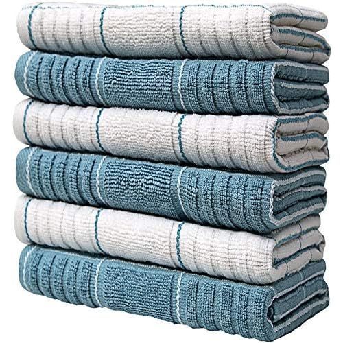  [아마존베스트]Bumble Towels Premium Kitchen Towels (16”x 26”, 6 Pack)  Large Cotton Kitchen Hand Towels  Window Pane Design  435 GSM Highly Absorbent Tea Towels Set with Hanging Loop  Aqua