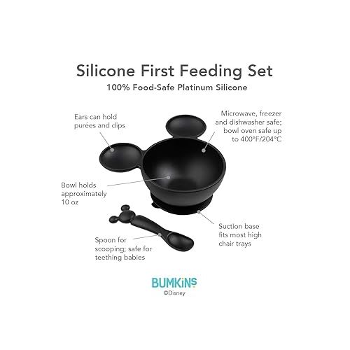 범킨스 Bumkins Disney Baby Bowl, Silicone Feeding Set with Suction for Baby and Toddler, Includes Spoon and Lid, First Feeding Set, Essentials for Baby Led Weaning, Babies 4 Months Up, Mickey Mouse Black