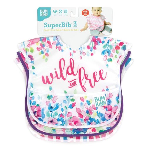 범킨스 [아마존베스트]Bumkins SuperBib, Baby Bib, Waterproof, Washable, Stain and Odor Resistant, 6-24 Months, 3-Pack - Wild & Free, Watercolors, Brush Strokes