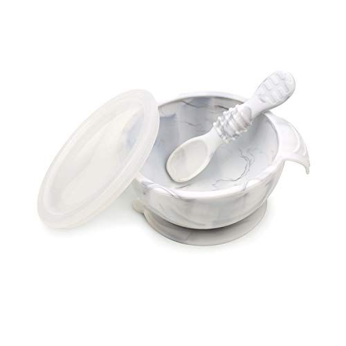 범킨스 [아마존베스트]Bumkins Suction Silicone Baby Feeding Set, Bowl, Lid, Spoon, BPA-Free, First Feeding, Baby Led Weaning - Marbled