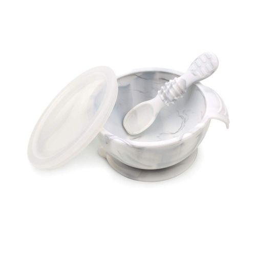 범킨스 [아마존베스트]Bumkins Suction Silicone Baby Feeding Set, Bowl, Lid, Spoon, BPA-Free, First Feeding, Baby Led Weaning - Marbled