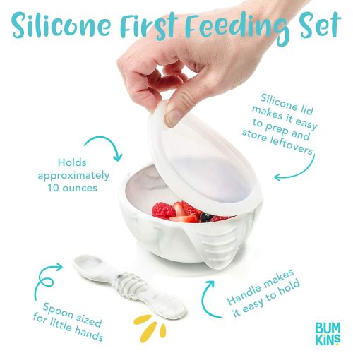 범킨스 [아마존베스트]Bumkins Suction Silicone Baby Feeding Set, Bowl, Lid, Spoon, BPA-Free, First Feeding, Baby Led Weaning - Marbled