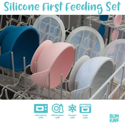 범킨스 [아마존베스트]Bumkins Suction Silicone Baby Feeding Set, Bowl, Lid, Spoon, BPA-Free, First Feeding, Baby Led Weaning - Marbled