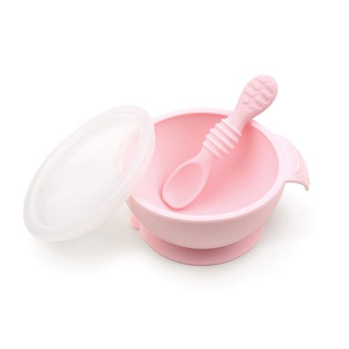 범킨스 [아마존베스트]Bumkins Suction Silicone Baby Feeding Set, Bowl, Lid, Spoon, BPA-Free, First Feeding, Baby Led Weaning - Pink