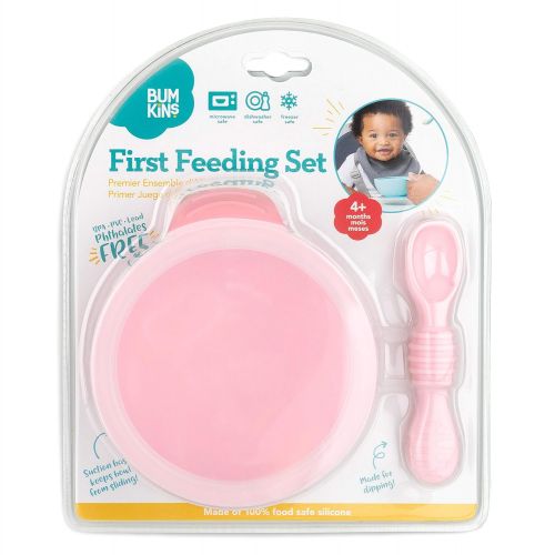 범킨스 [아마존베스트]Bumkins Suction Silicone Baby Feeding Set, Bowl, Lid, Spoon, BPA-Free, First Feeding, Baby Led Weaning - Pink