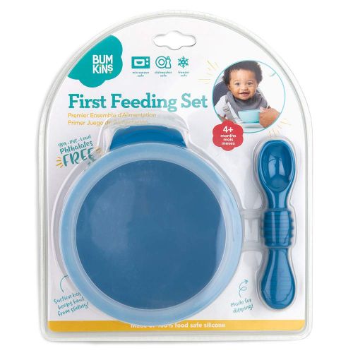 범킨스 [아마존베스트]Bumkins Suction Silicone Baby Feeding Set, Bowl, Lid, Spoon, BPA-Free, First Feeding, Baby Led Weaning - Dark Blue