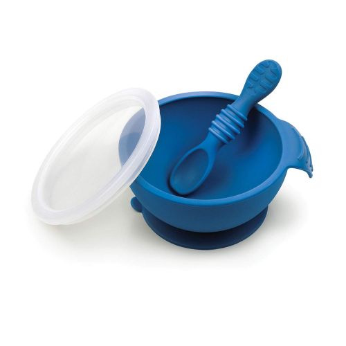 범킨스 [아마존베스트]Bumkins Suction Silicone Baby Feeding Set, Bowl, Lid, Spoon, BPA-Free, First Feeding, Baby Led Weaning - Dark Blue