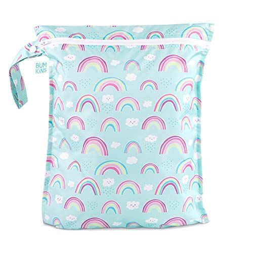 범킨스 Bumkins Waterproof Wet Bag, Washable, Reusable for Travel, Beach, Pool, Stroller, Diapers, Dirty Gym Clothes, Wet Swimsuits, Toiletries, Electronics, Toys, 12x14 - Rainbows