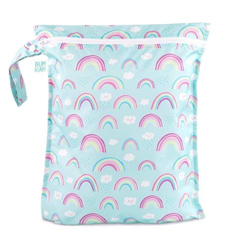 범킨스 Bumkins Waterproof Wet Bag, Washable, Reusable for Travel, Beach, Pool, Stroller, Diapers, Dirty Gym Clothes, Wet Swimsuits, Toiletries, Electronics, Toys, 12x14 - Rainbows