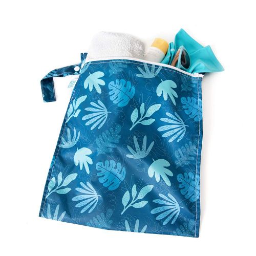 범킨스 Bumkins Waterproof Wet Bag, Washable, Reusable for Travel, Beach, Pool, Stroller, Diapers, Dirty Gym Clothes, Wet Swimsuits, Toiletries, Electronics, Toys, 12x14 - Blue Tropic