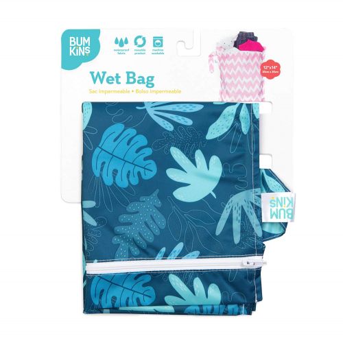 범킨스 Bumkins Waterproof Wet Bag, Washable, Reusable for Travel, Beach, Pool, Stroller, Diapers, Dirty Gym Clothes, Wet Swimsuits, Toiletries, Electronics, Toys, 12x14 - Blue Tropic