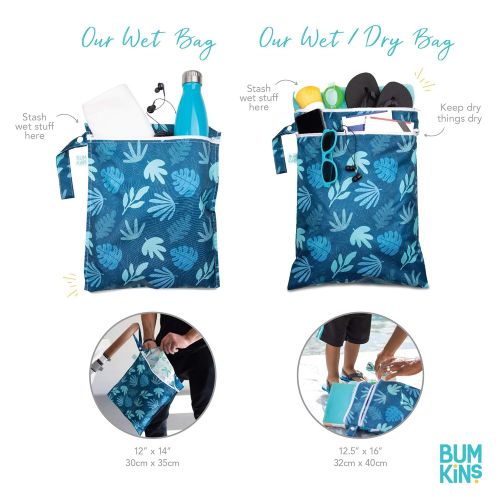범킨스 Bumkins Waterproof Wet Bag, Washable, Reusable for Travel, Beach, Pool, Stroller, Diapers, Dirty Gym Clothes, Wet Swimsuits, Toiletries, Electronics, Toys, 12x14 - Blue Tropic