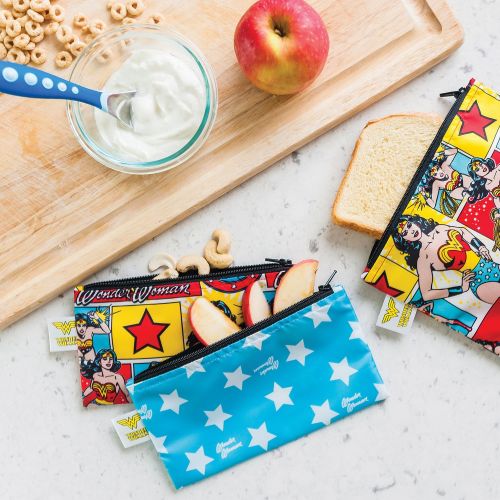 범킨스 Bumkins DC Comics Wonder Woman Snack Bags, Reusable, Washable, Food Safe, BPA Free, Pack of 2