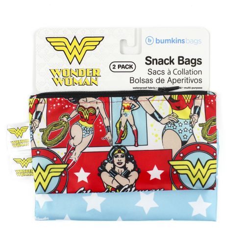 범킨스 Bumkins DC Comics Wonder Woman Snack Bags, Reusable, Washable, Food Safe, BPA Free, Pack of 2