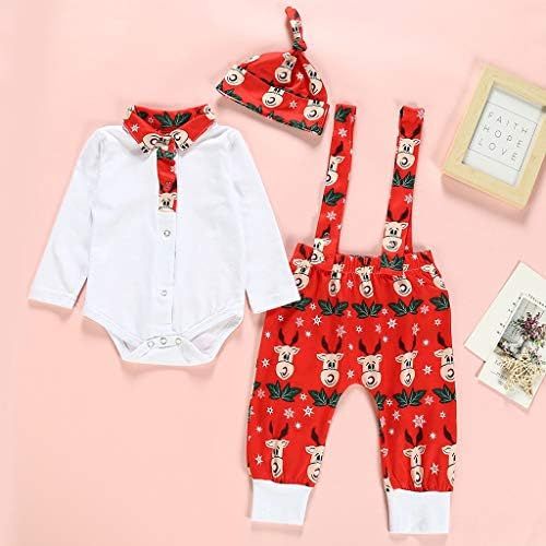  [아마존베스트]  Bumplebee Weihnachts Bumplebee Christmas clothes for children, girls, boys, 3-piece, long-sleeved elk cartoon print romper, baby lapels, jumpsuit, onesie bodysuits + printed bib shorts girls + hat Chri