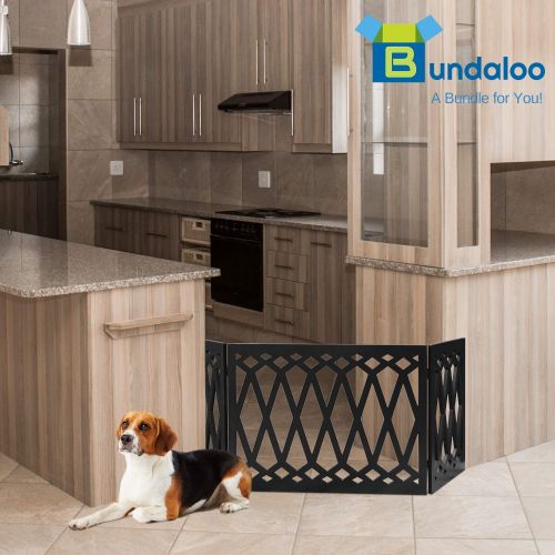  Bundaloo Freestanding Folding Dog Gate | Expandable Wooden Fence for a Small to Medium Pet Dog | Blocks Doorways, Hallways | Portable Divider with Decorative Design